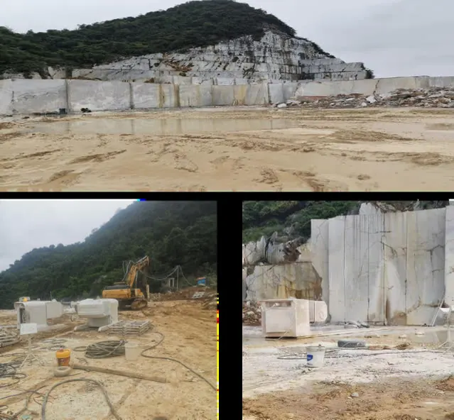 Marble quarry benches and cut blocks